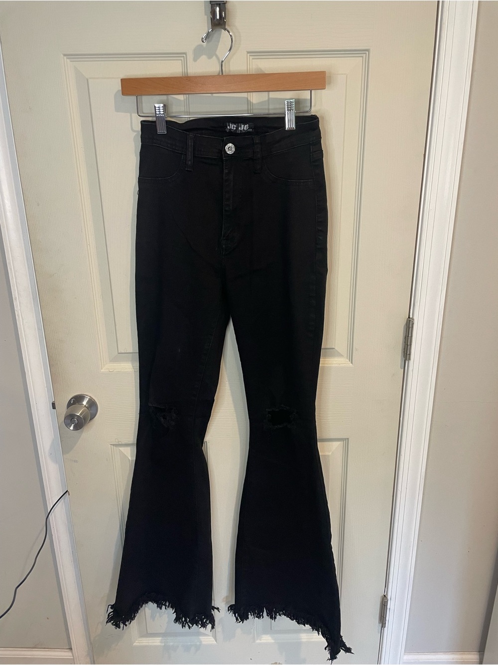 High-Rise Black Flared Jeans with Frayed Hem